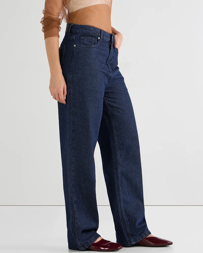 bewakoof Women's Blue Washed Baggy Straight Fit Jeans